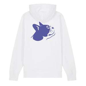 Blue outline illustration of the head of a Boston Terrier on the back of a white unisex Hoodie