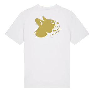 Gold outline illustration of the head of a Boston Terrier on the back of a white unisex t-shirt