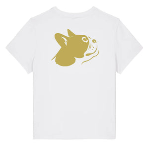 Gold outline illustration of the head of a Boston Terrier on the back of a white ladies t-shirt