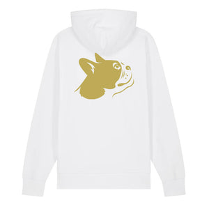 Gold outline illustration of the head of a Boston Terrier on the back of a white unisex Hoodie