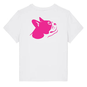 Magenta outline illustration of the head of a Boston Terrier on the back of a white ladies t-shirt