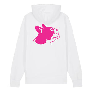 Magenta outline illustration of the head of a Boston Terrier on the back of a white unisex Hoodie