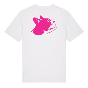 Magenta outline illustration of the head of a Boston Terrier on the back of a white unisex t-shirt