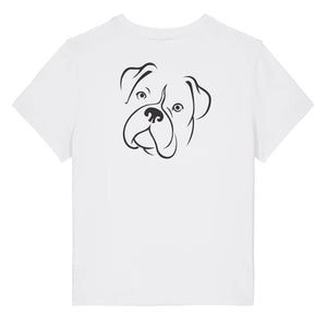 Black outline illustration of the head of a Boxer dog on the back of a white ladies t-shirt