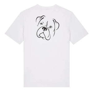 Black outline illustration of the head of a Boxer on the back of a white unisex t-shirt