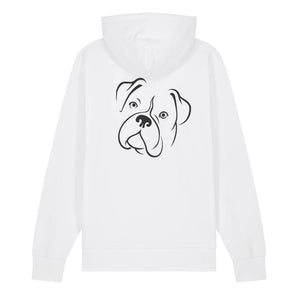 Black outline illustration of the head of a Boxer on the back of a cotton pink unisex Hoodie