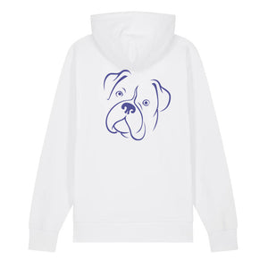 Blue outline illustration of the head of a Boxer on the back of a cotton pink unisex Hoodie