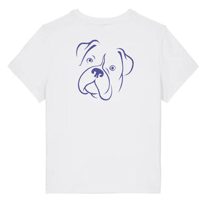 Blue outline illustration of the head of a Boxer dog on the back of a white ladies t-shirt