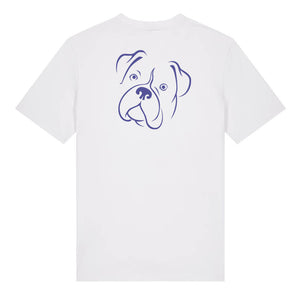 Blue outline illustration of the head of a Boxer on the back of a white unisex t-shirt