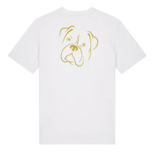 Gold outline illustration of the head of a Boxer on the back of a white unisex t-shirt