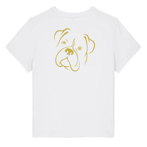 Gold outline illustration of the head of a Boxer dog on the back of a white ladies t-shirt