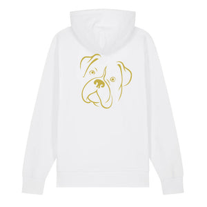 Gold outline illustration of the head of a Boxer on the back of a cotton pink unisex Hoodie