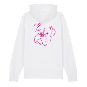 Magenta outline illustration of the head of a Boxer on the back of a cotton pink unisex Hoodie