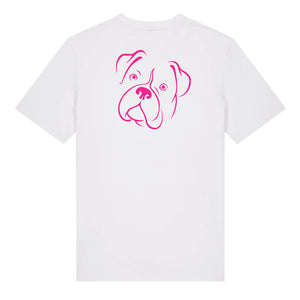 Magenta outline illustration of the head of a Boxer on the back of a white unisex t-shirt