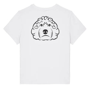Black outline illustration of the head of a Cockapoo dog on the back of a cotton pink ladies t-shirt
