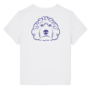 Blue outline illustration of the head of a Cockapoo dog on the back of a cotton pink ladies t-shirt