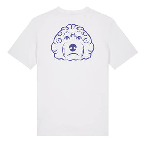 Blue outline illustration of the head of a Cockapoo on the back of a white unisex t-shirt