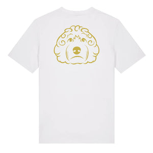 Gold outline illustration of the head of a Cockapoo on the back of a white unisex t-shirt