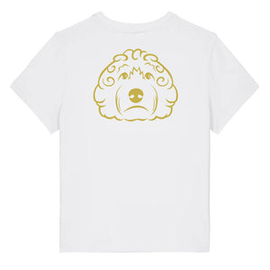 Gold outline illustration of the head of a Cockapoo dog on the back of a cotton pink ladies t-shirt