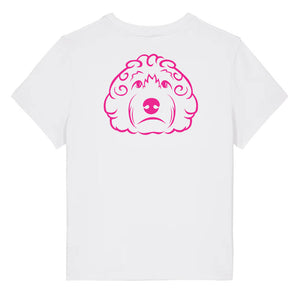 Magenta outline illustration of the head of a Cockapoo dog on the back of a cotton pink ladies t-shirt