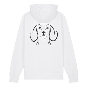 Black outline illustration of the head of a Dachshund on the back of a white unisex Hoodie