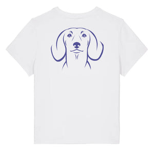 Blue outline illustration of the head of a Dachshund on the back of a white ladies t-shirt