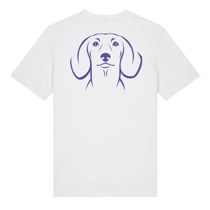 Blue outline illustration of the head of a Dachshund on the back of a white unisex t-shirt