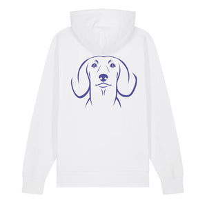 Blue outline illustration of the head of a Dachshund on the back of a white unisex Hoodie