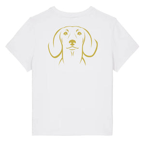 Gold outline illustration of the head of a Dachshund on the back of a white ladies t-shirt