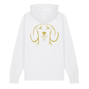 Gold outline illustration of the head of a Dachshund on the back of a white unisex Hoodie