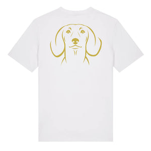 Gold outline illustration of the head of a Dachshund on the back of a white unisex t-shirt