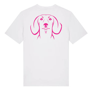 Magenta outline illustration of the head of a Dachshund on the back of a white unisex t-shirt
