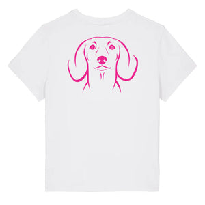 Magenta outline illustration of the head of a Dachshund on the back of a white ladies t-shirt