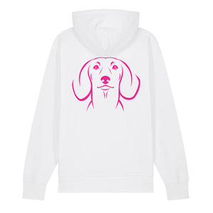 Magenta outline illustration of the head of a Dachshund on the back of a white unisex Hoodie