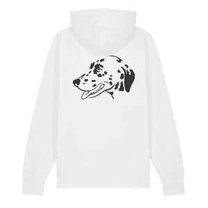 Black outline illustration of the head of a Dalmatian on the back of a white unisex Hoodie