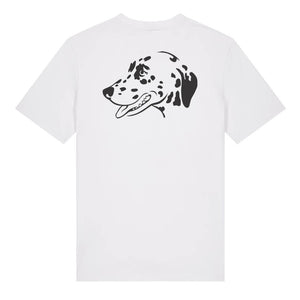 Black outline illustration of the head of a Dalmatian on the back of a white unisex t-shirt