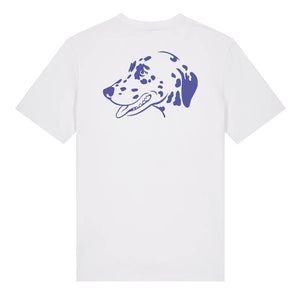 Blue outline illustration of the head of a Dalmatian on the back of a white unisex t-shirt