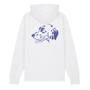 Blue outline illustration of the head of a Dalmatian on the back of a white unisex Hoodie