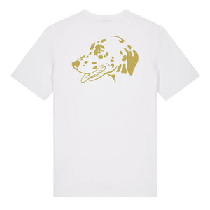 Gold outline illustration of the head of a Dalmatian on the back of a white unisex t-shirt