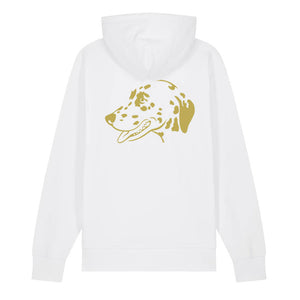 Gold outline illustration of the head of a Dalmatian on the back of a white unisex Hoodie