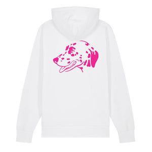 Magenta outline illustration of the head of a Dalmatian on the back of a white unisex Hoodie