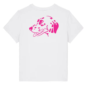Magenta outline illustration of the head of a Dalmatian on the back of a white ladies t-shirt