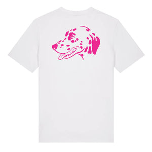 Magenta outline illustration of the head of a Dalmatian on the back of a white unisex t-shirt
