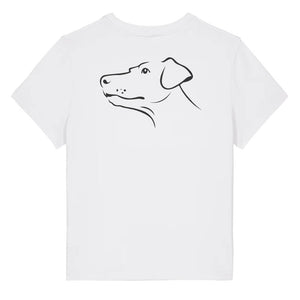 Black outline illustration of the head of a Dobermann on the back of a white ladies t-shirt