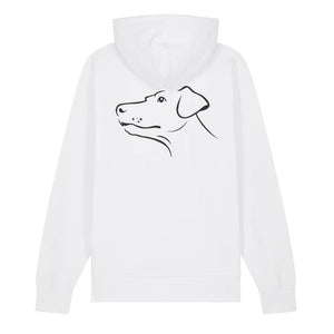 Black outline illustration of the head of a Dobermann on the back of a white unisex Hoodie