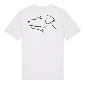 Black outline illustration of the head of a Dobermann on the back of a bright blue unisex t-shirt