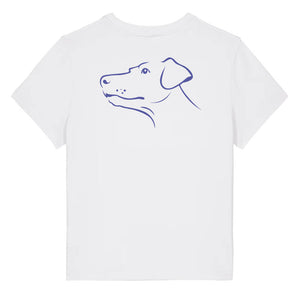 Blue outline illustration of the head of a Dobermann on the back of a white ladies t-shirt