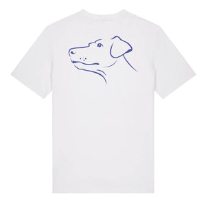 Blue outline illustration of the head of a Dobermann on the back of a bright blue unisex t-shirt