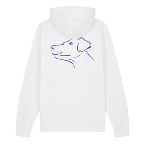 Blue outline illustration of the head of a Dobermann on the back of a white unisex Hoodie