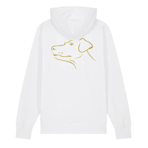 Gold outline illustration of the head of a Dobermann on the back of a white unisex Hoodie